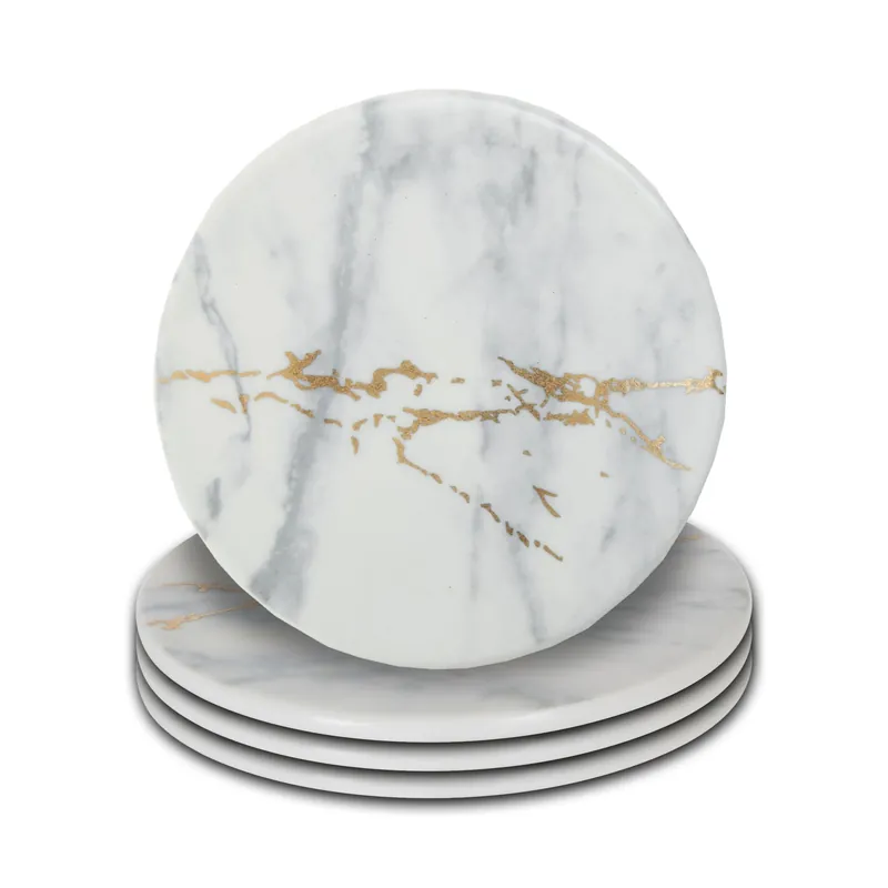 Elegant Luxe Set Of 4 Coasters, Marble Design Round Set Of 4 Coasters For Kitchen, Versatile White Coasters - Orsina