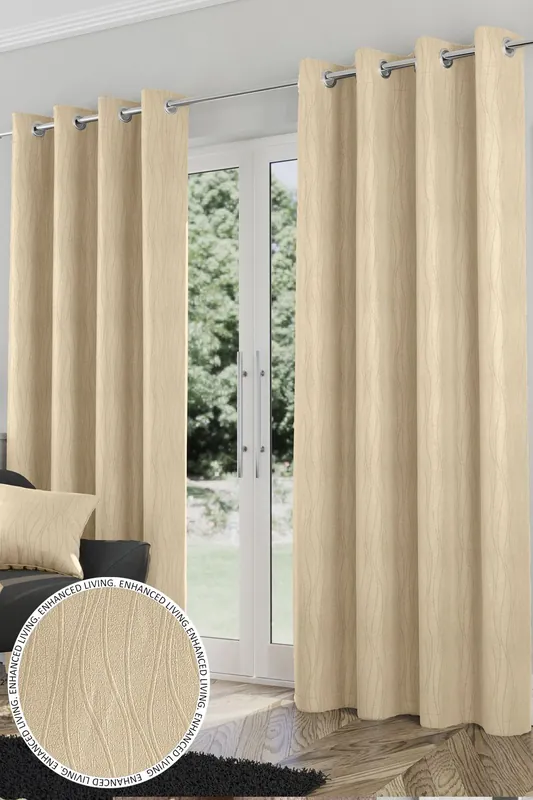 'Goodwood' Cream - Thermal, Energy Saving, Dimout Eyelet Pair of Curtains with Wave Pattern
