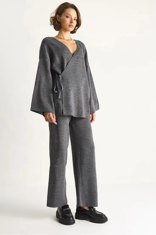 Double Breasted Tie Blouse and Wide Leg Pants Set - Bianco Lucci