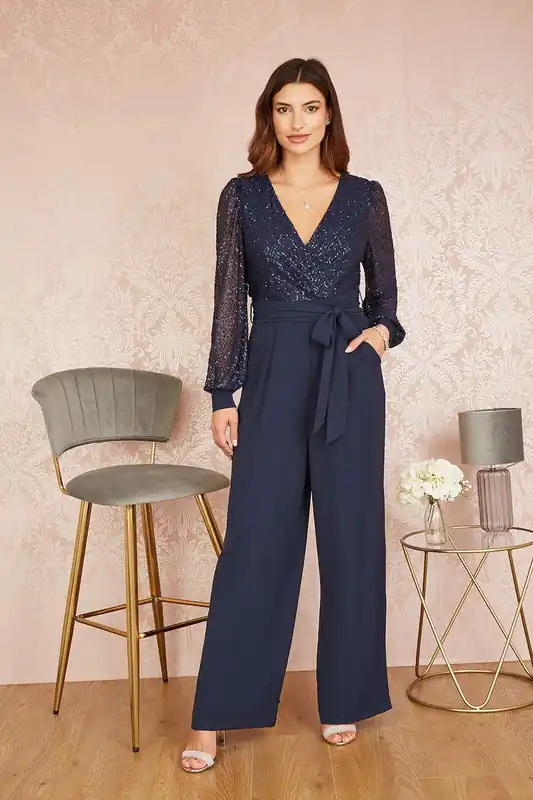 Navy Sequin Jumpsuit With Long Sleeves - Yumi