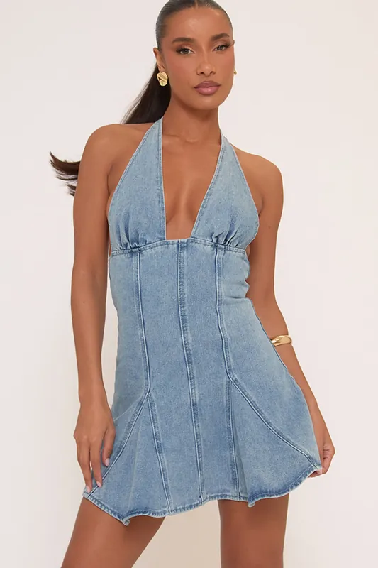Skater Sleeveless Denim Mini Dress - EGO
