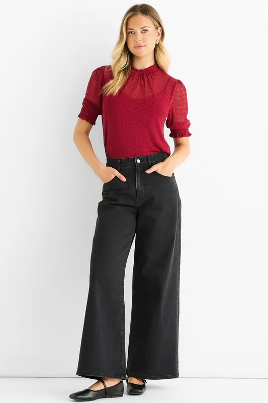 Red High Neck Lace Loose Fit Blouse - Gini London