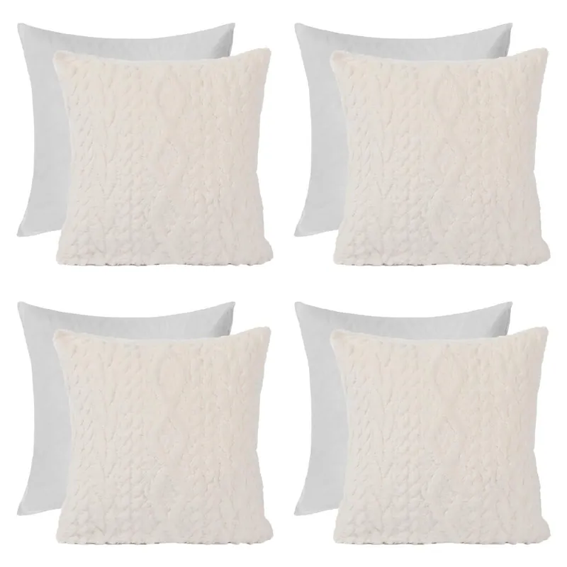 4 x Cable Knit Cushion Covers Soft Sherpa Filled Cases 18" x 18" - OHS