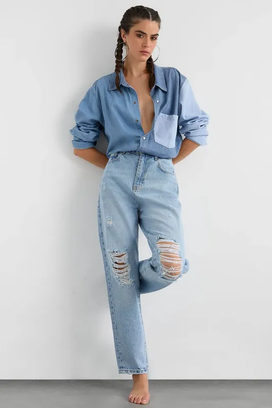 High Waist Ripped Straight Leg Jeans - Hiccup