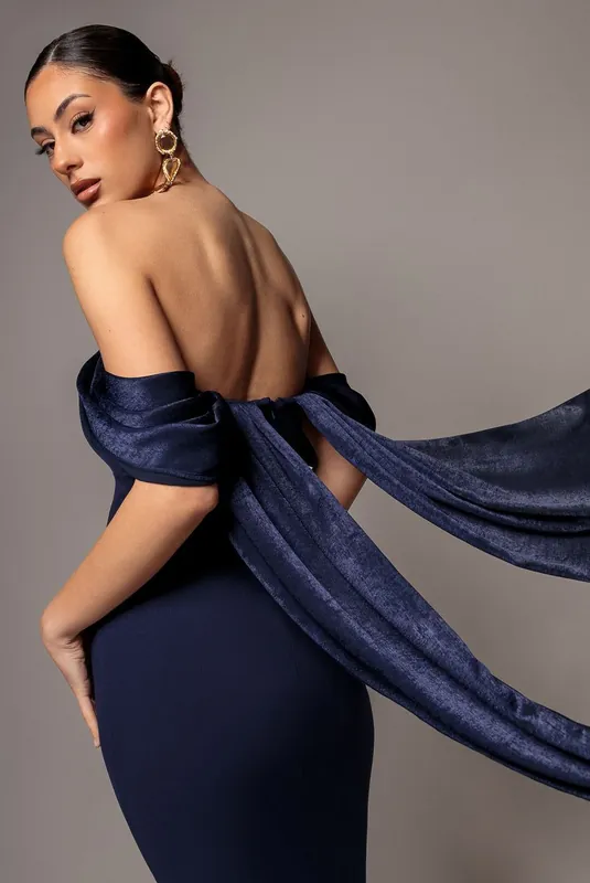 Off Shoulder Velvet Satin Wing Cape Maxi Dress - Goddiva