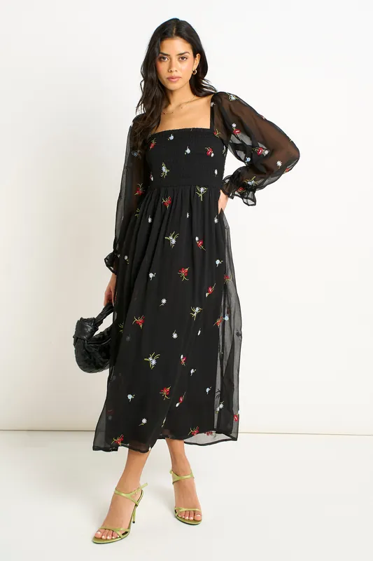 Black Chiffon Floral Embroidered Dress - Gini London