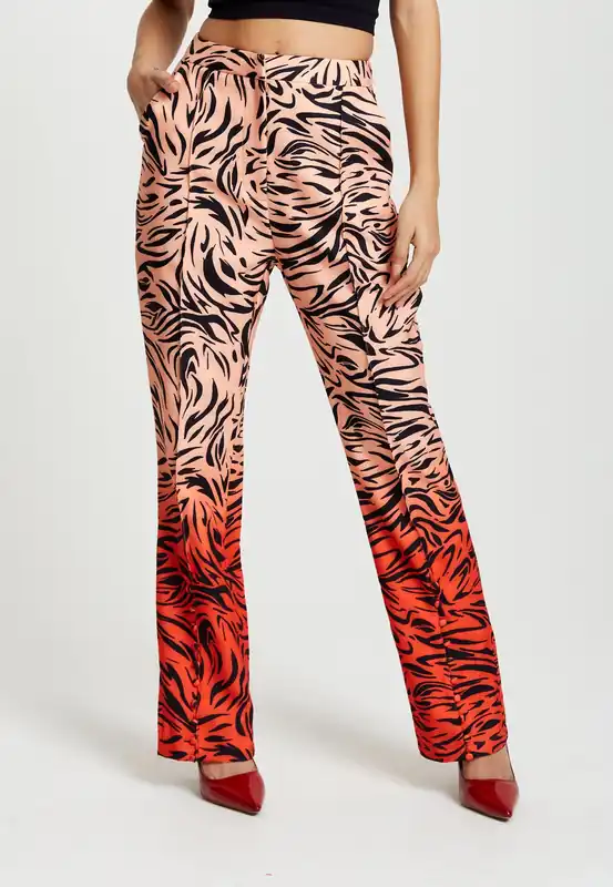 Zebra Print Suit Trousers With Slit Detail In Orange And Nude - Liquorish