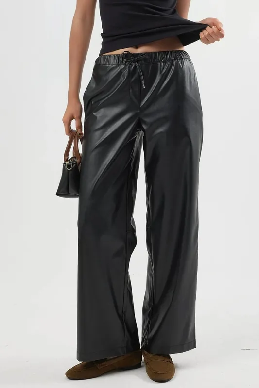 High Waist Faux Leather Pants with Drawstring - Busem