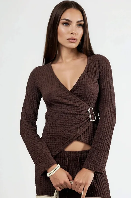 Textured V-Neck Wrap Top with Belt