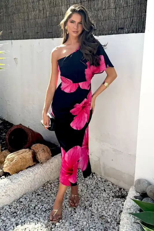 Black And Magenta Floral Print One Sleeve Midi Dress - AX Paris
