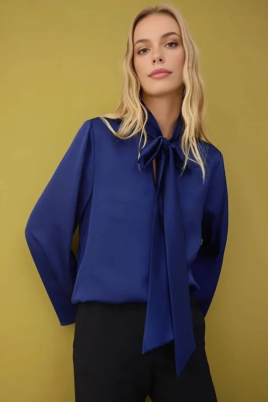 Satin Woven Blouse with Scarf Neck Detail - WOVCOR