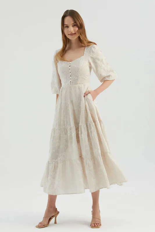Embroidered Sweetheart Neck Tiered Maxi Dress with a Puff Sleeves - Hiccup
