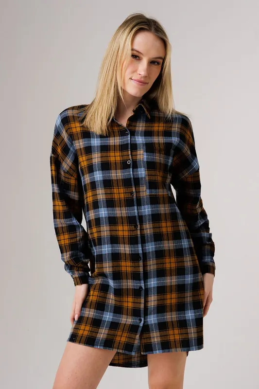 Cotton Check Button-Up Relaxed-Fit Shirt Dress