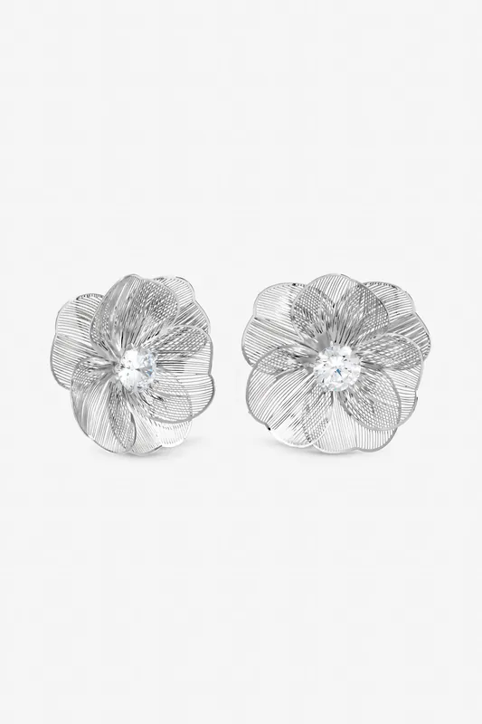 Rhodium Plated Crystal Statement Flower Earrings - Jon Richard