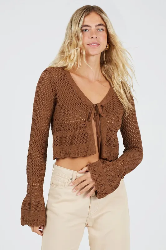 V-Neck Tie Front Cardigan With Flared Cuffs