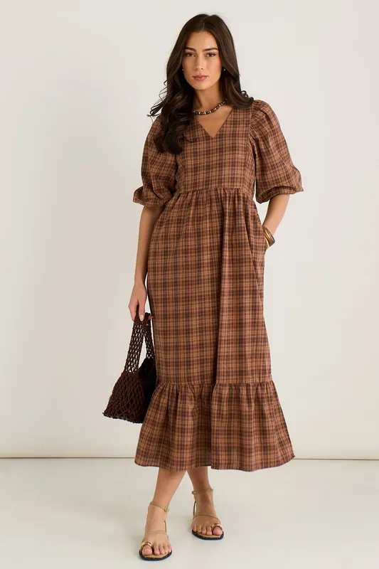 Brown Cotton Puff Sleeves V Neck Midi Dress - Gini London