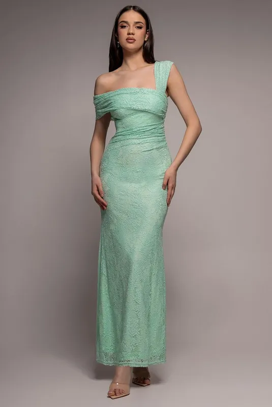One Shoulder Pleated Bardot Lace Maxi Dress - Goddiva