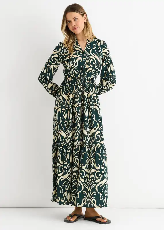 Green Ikat Print Tie Waist Maxi Dress - Gini London