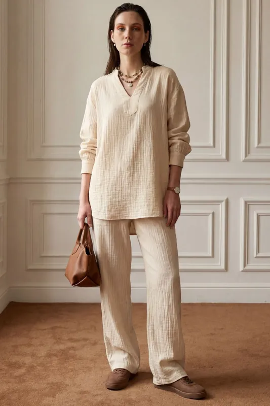 V-Neck Blouse & Wide Leg Pants Muslin Two-Piece Set