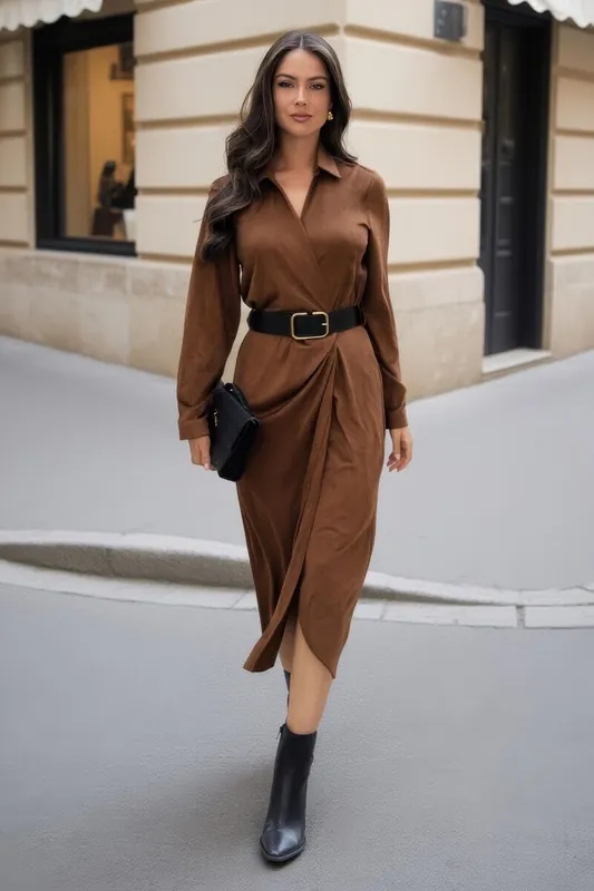Tan Faux Suede Belted Wrap Shirt Midi Dress - AX Paris