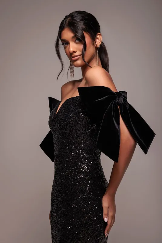 Sequin Off The Shoulder Velvet Bow Midi Dress - Goddiva
