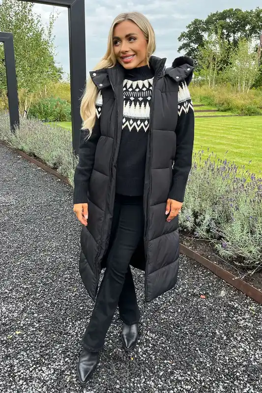 Black Faux Fur Hooded Longline Padded Gilet - AX Paris