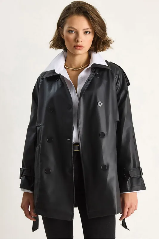 Double Breasted Faux Leather Trench Coat - Bianco Lucci