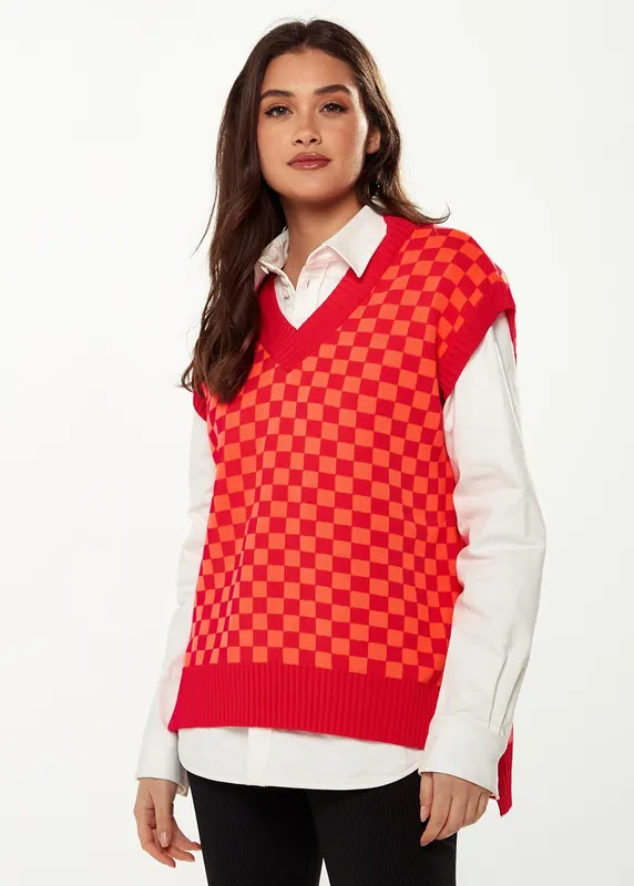 Chequered Knitted Vest in Orange & Red - Liquorish