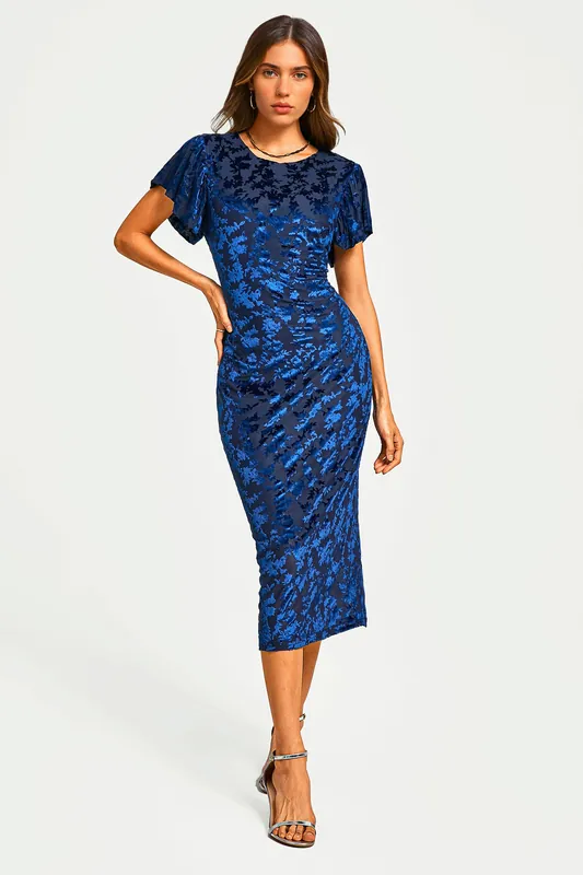Floral Velvet Devore Puff Sleeve Bodycon Midi Dress In Navy - FS Collection