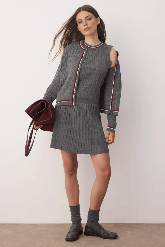 3-Piece Textured Knit Cardigan, Sleeveless Top and Skirt Set