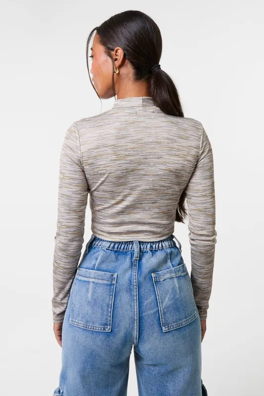 Khaki Space Dye High Neck Long Sleeves Crop Top - Pink Vanilla