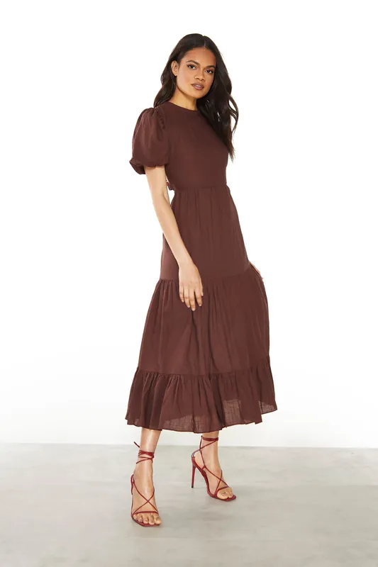 Open Back Ruched Strap Midi Dress - Shnoo