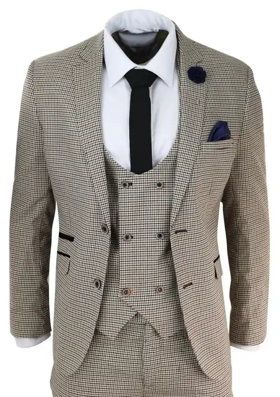 3 Piece Beige Check Retro Vintage Classic Suit - Infinity Leather
