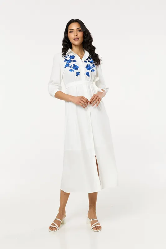White Midi Dress Blue Floral Embroidery - Liquorish