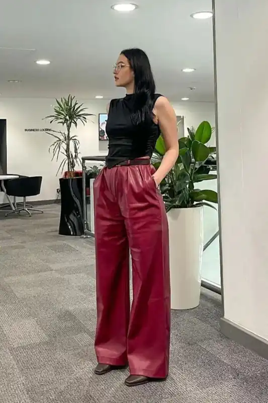 Faux Leather High Waist Pleated Wide Leg Trousers - Hiccup