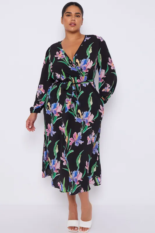 Black Floral Crossover Belted Midi Dress - Love Sunshine