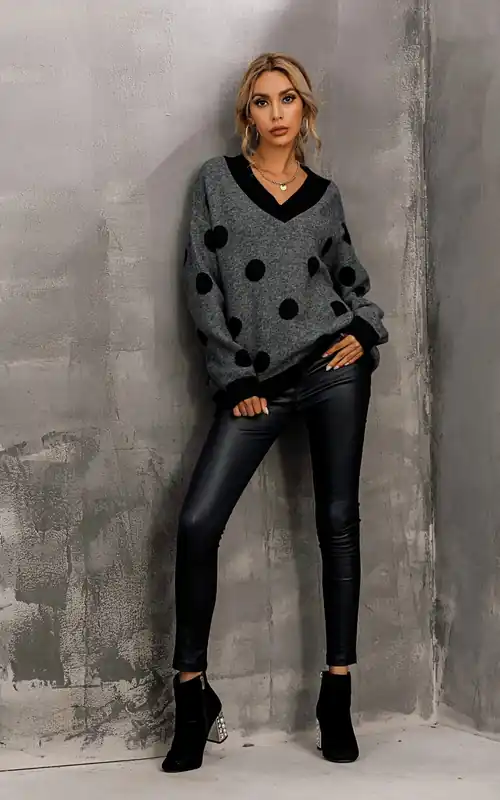 V Neck Jumper In Charcoal Grey & Black Polka Dot Print - FS Collection