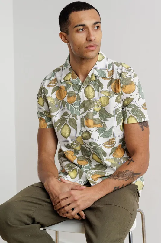 Cotton Poplin Button-Up Shirt with Citrus Fruit Print