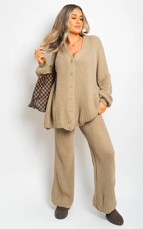 Emma Chunky Knitted Button Up Cardigan Wide Leg Trousers Co-ord Set