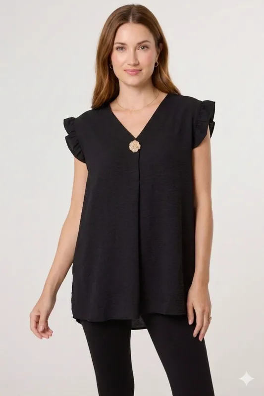 Black Gold Button Detail Frill Top - Blue Vanilla