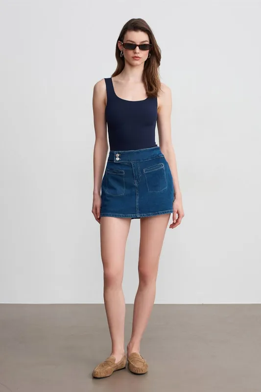 High-Waist Straight Mini Denim Skirt