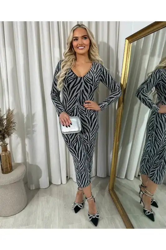 Evelyn Printed V-neck Long Sleeve Glitter Midi Dress