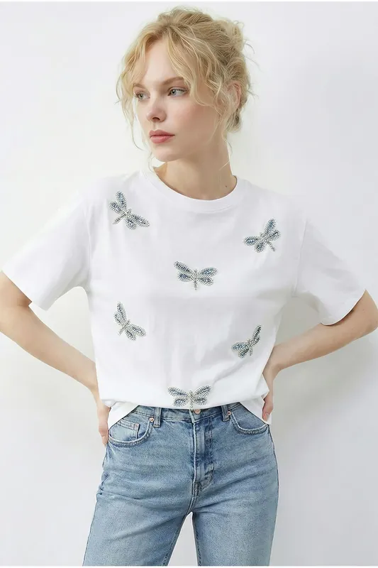 Embroidered Crew Neck Relaxed Fit T-Shirt