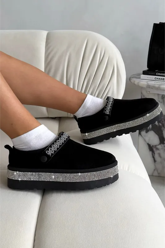 Crystal Diamond Edge Faux Suede Platform Mule Clog Slippers - Love Lemonade