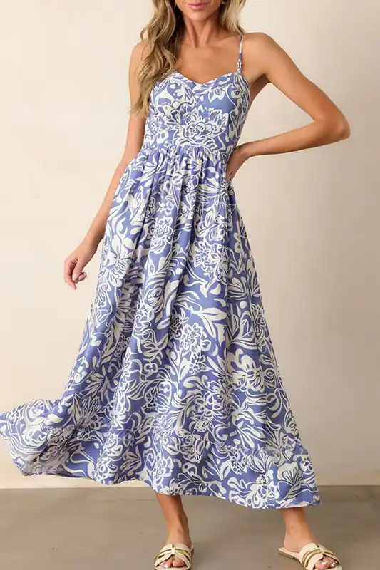 Sky Blue Floral Print Spaghetti Strap High Waist Maxi Dress - Everyday The Label