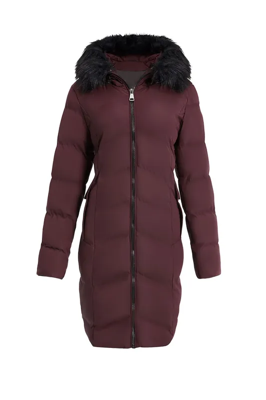 Polyester Quilted Coat with Faux Fur Hood - MODISHION