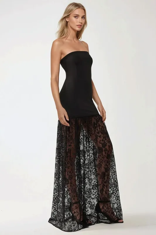 Strapless Maxi Bodycon Dress with Lace Details - Hiccup