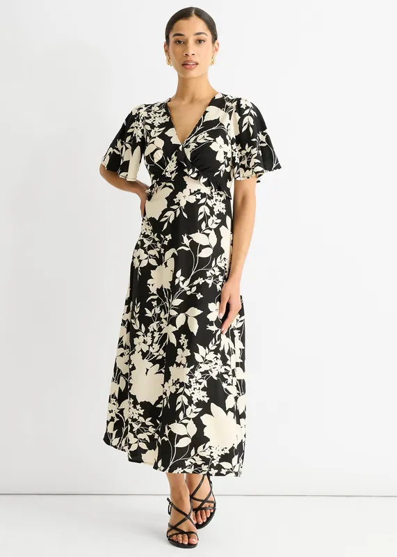 Mono Ruffle V Neck Viscose Midi Dress - Gini London