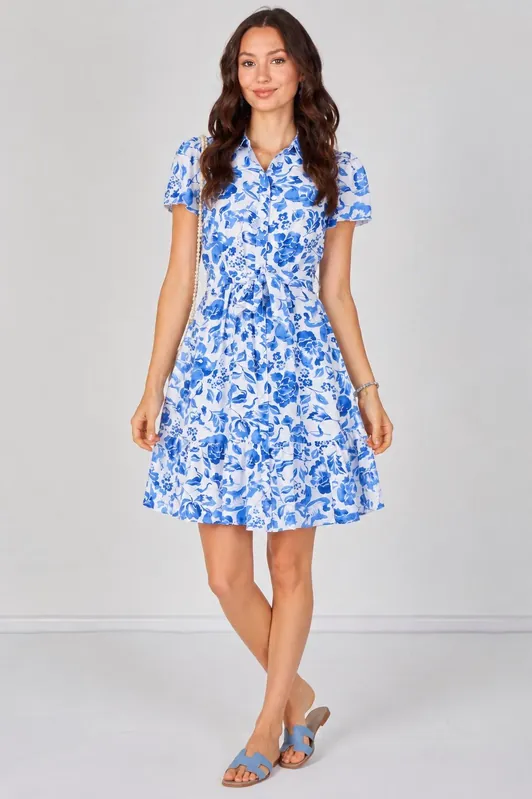 White and Blue Floral Print Short Sleeve Shirt Dress - Love Sunshine