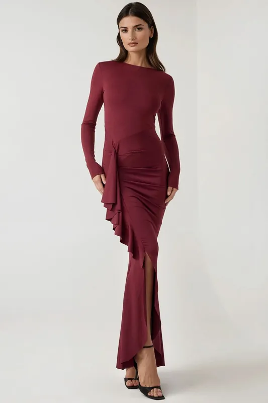Crew Neck Bodycon Maxi Dress with Ruffle Detail - Hiccup